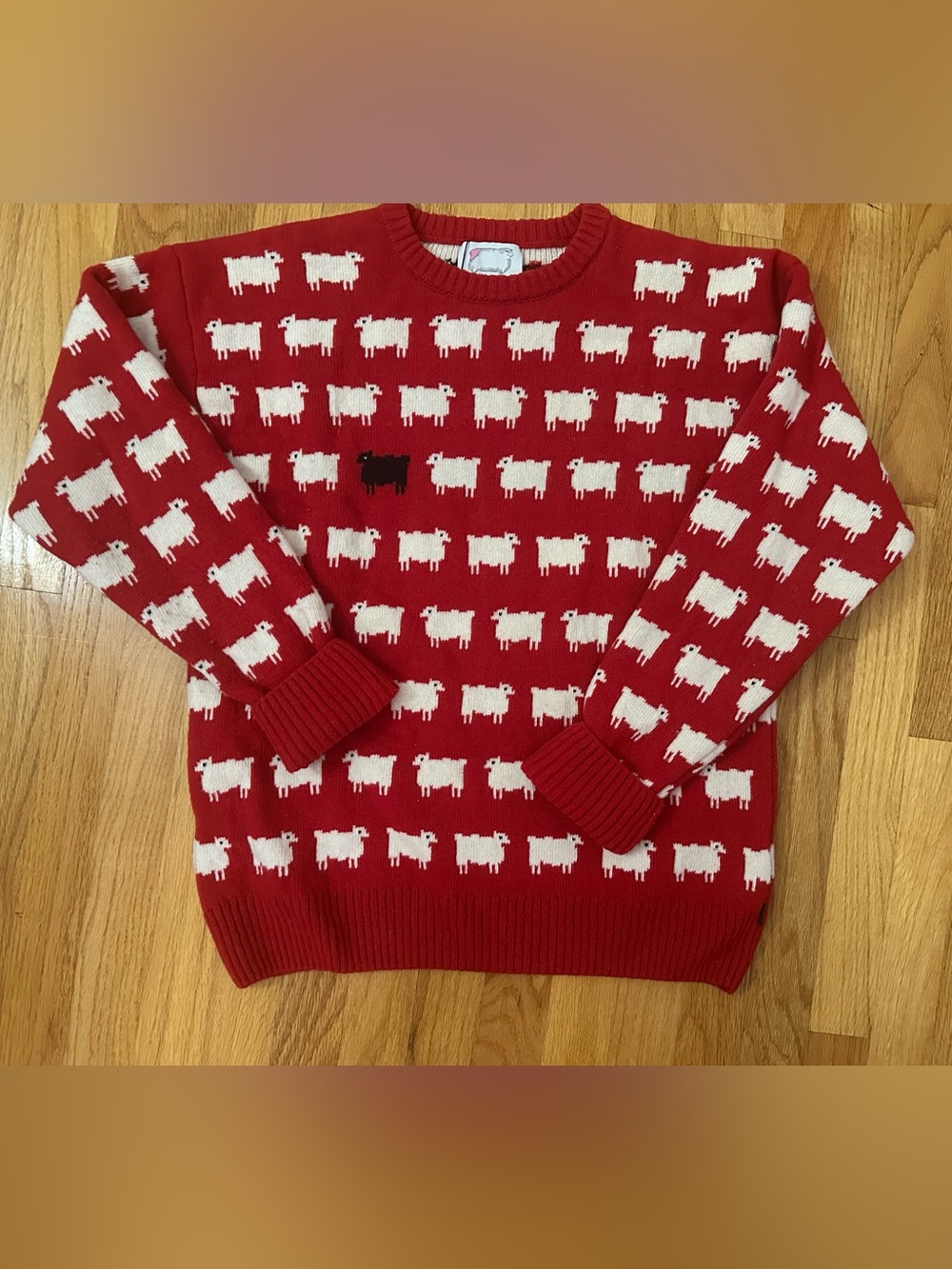 Lady Diana black sheep 100% wool sweater, red, white & 1 black. Rowing Blazers